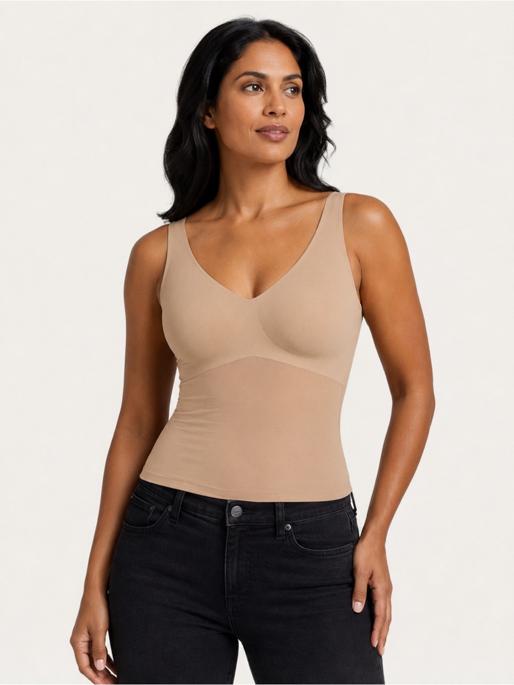 Honeylove V-Neck Shaping Cami Tank Top Beige Built-In Bra Women’s Small